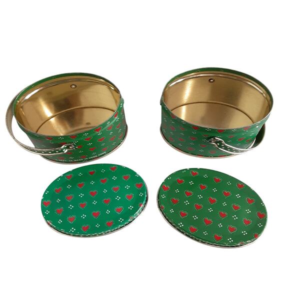 Vintage Dept 56 Christmas Mini Tin Containers Handled Green Set of 2 Holiday - Picture 5 of 8